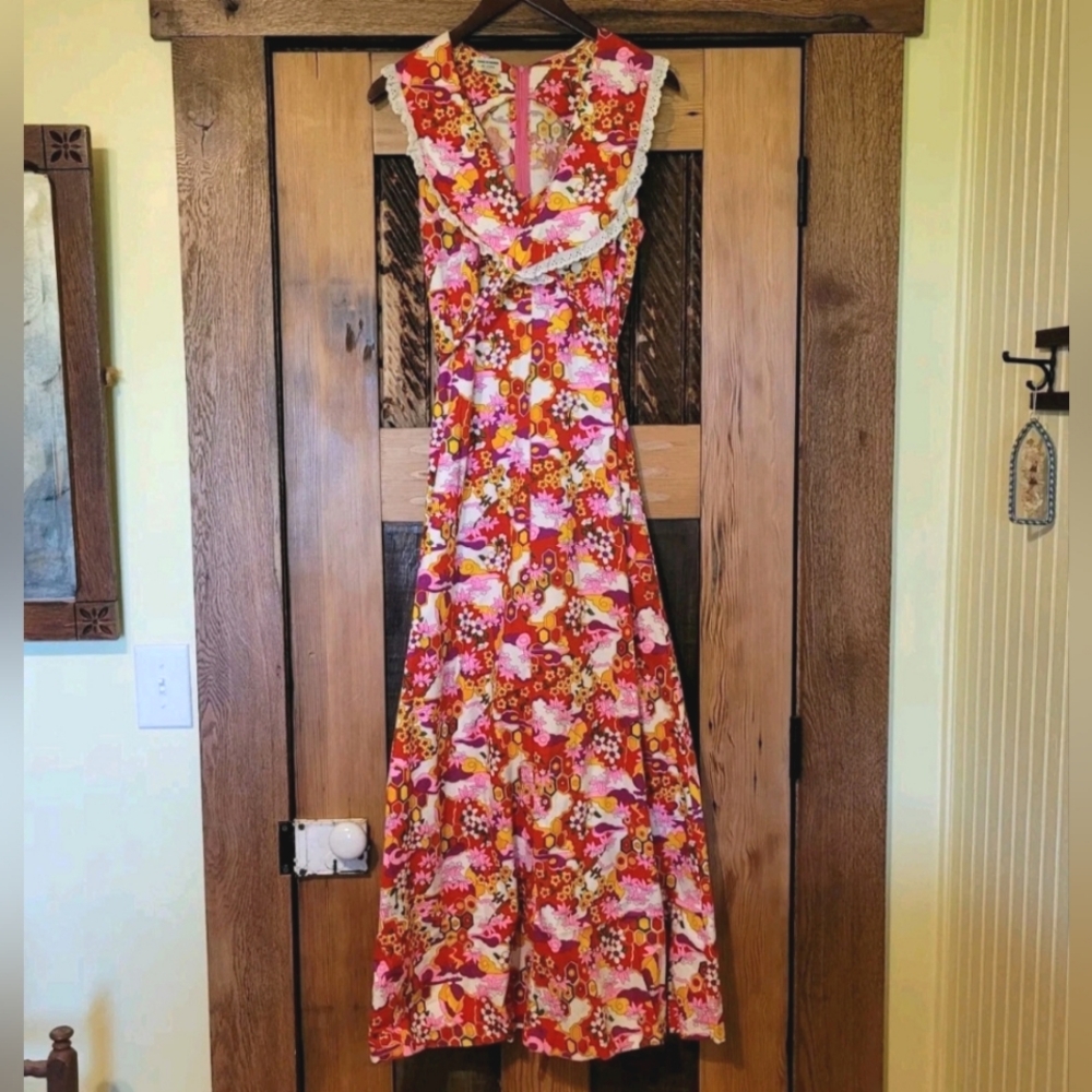 Vintage 60s 70s Hawaii Floral Maxi Summer Sundress Lace Collar Tie Front Med Lrg